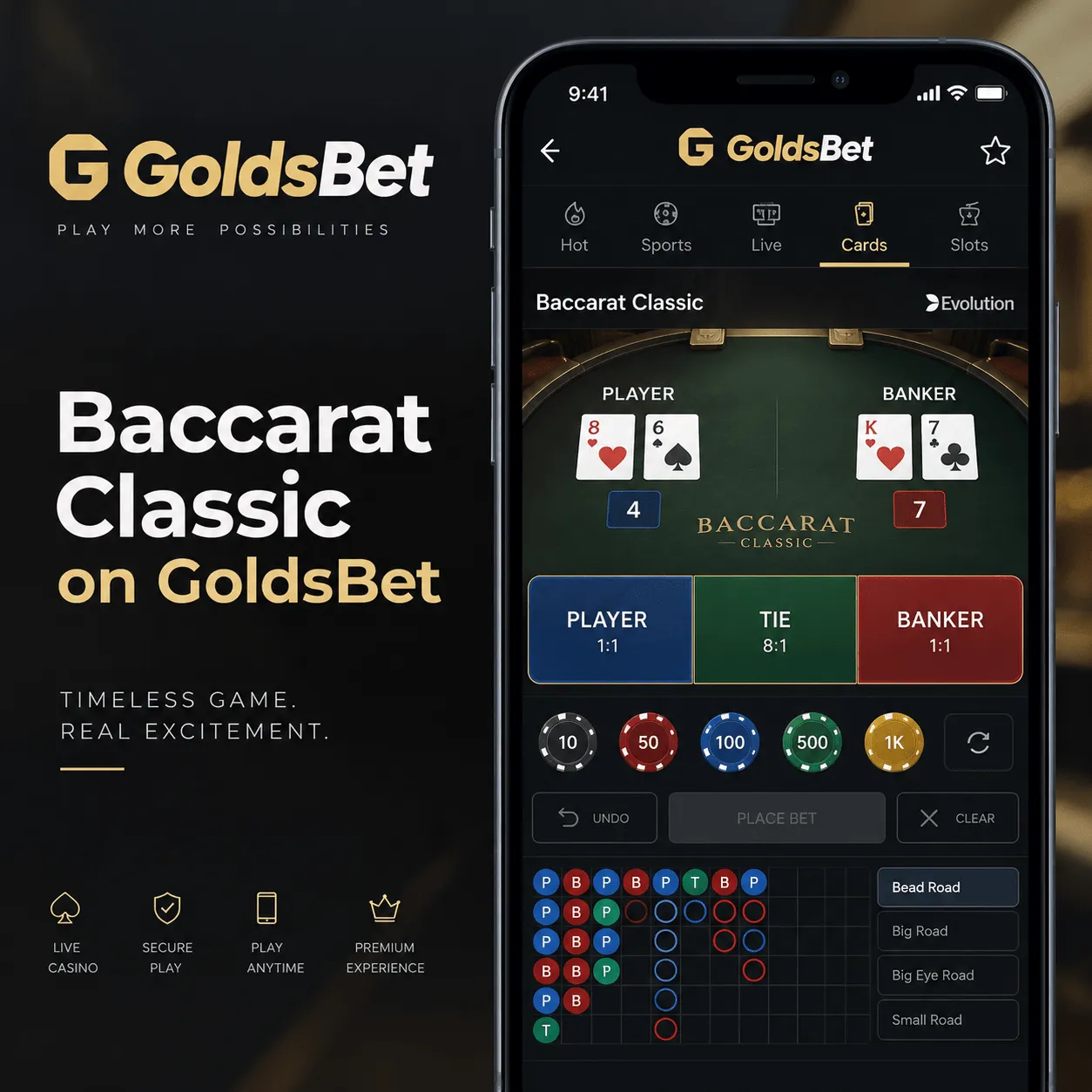 Classic Baccarat Game on GoldsBet showing secure gameplay