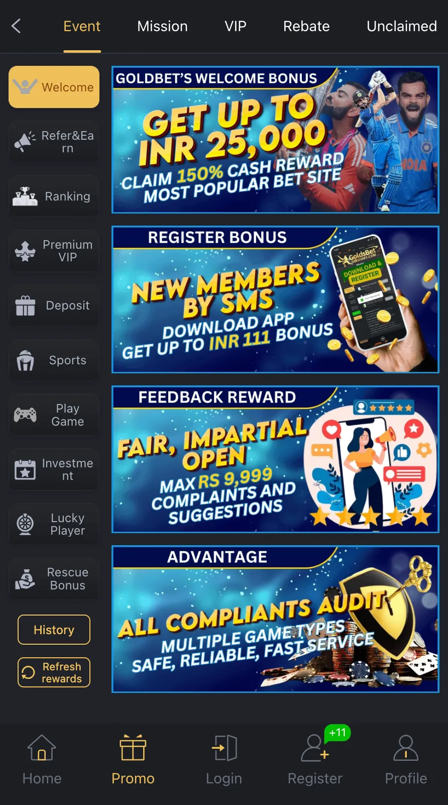 GoldsBet Welcome Bonus and Promotional Offers Screen