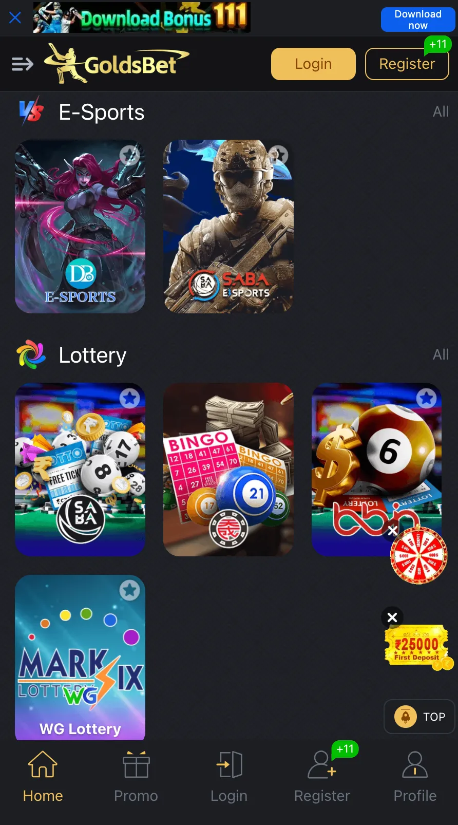 GoldsBet Esports and Lottery Games screen with customer support