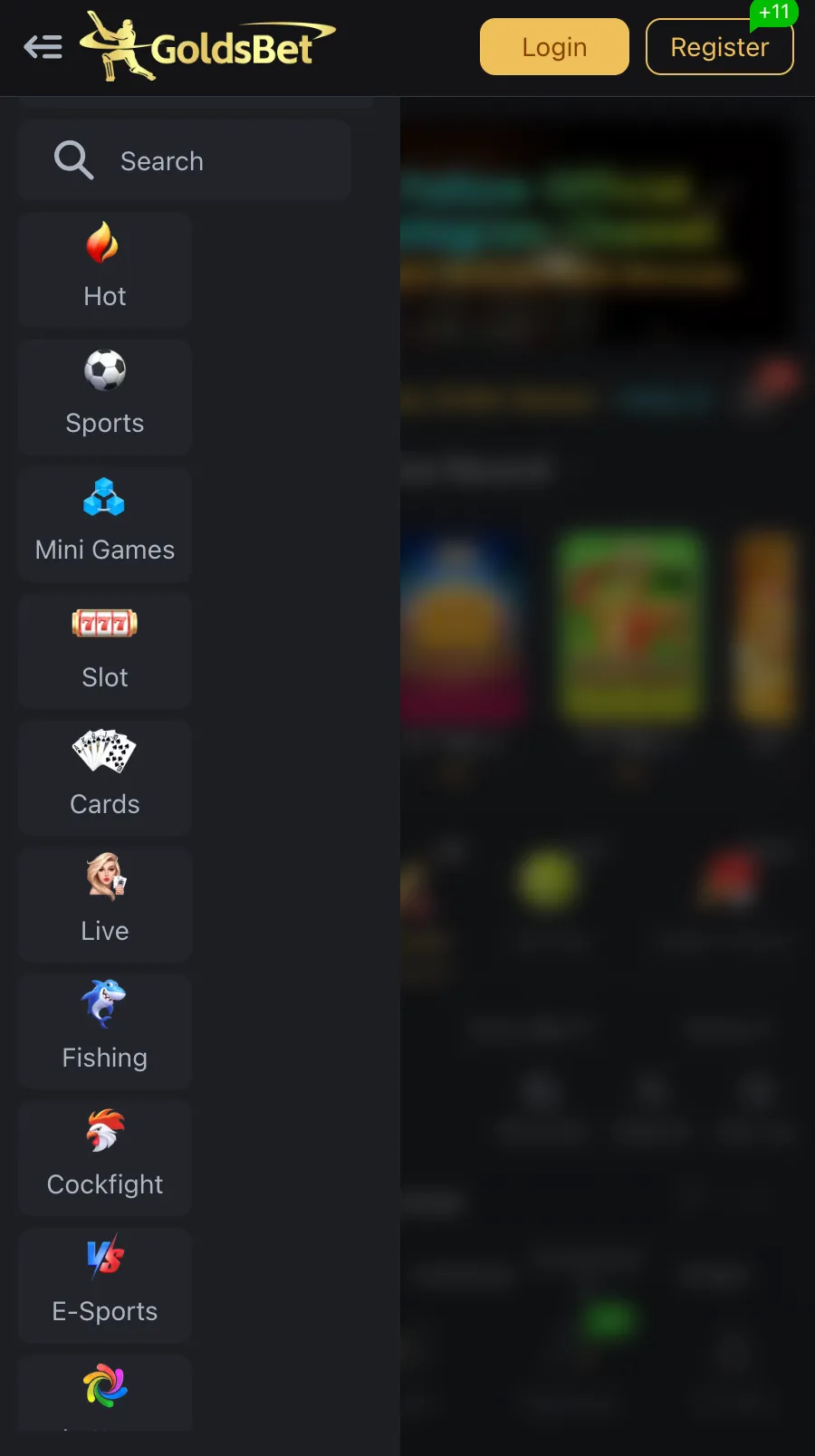 GoldsBet Game Categories Menu featuring cricket, casino, and slots