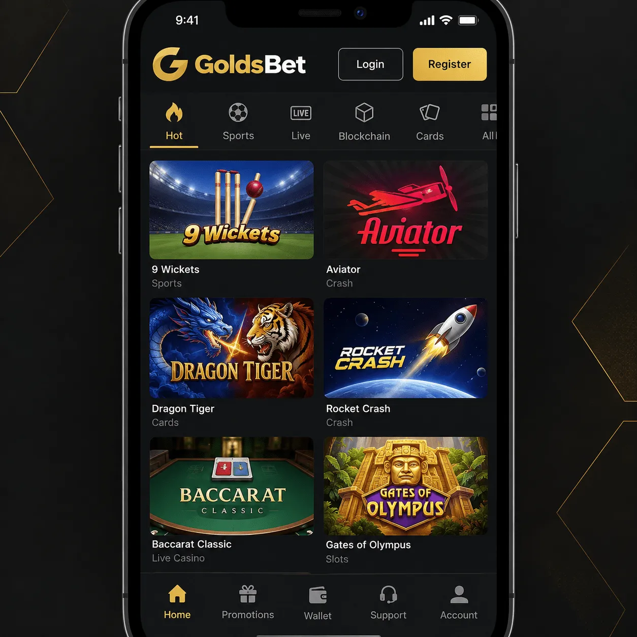 GoldsBet Sports Betting Screen showing live IPL cricket odds