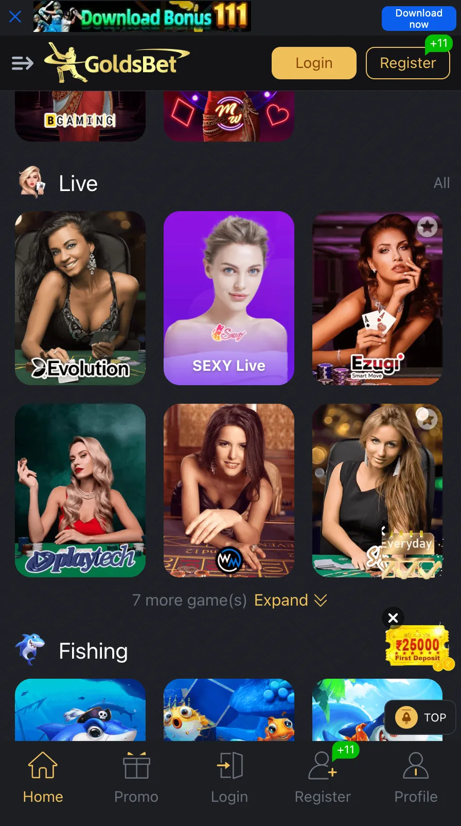 GoldsBet Live Casino Lobby featuring roulette and blackjack