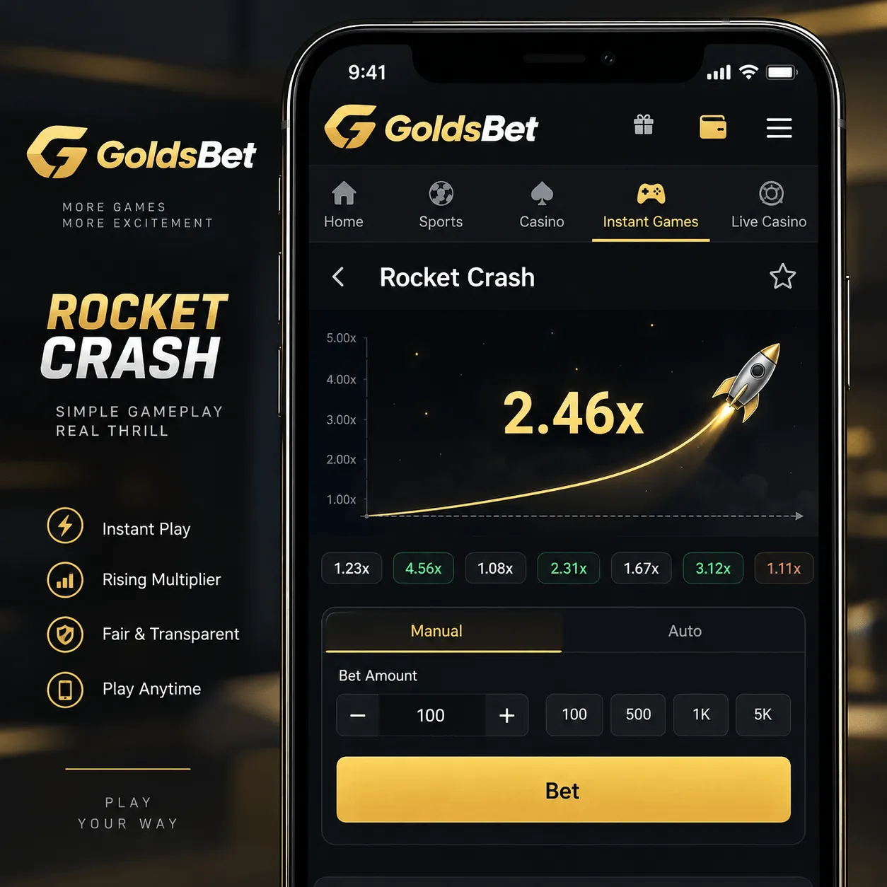 GoldsBet Rocket Crash Game with live multiplier